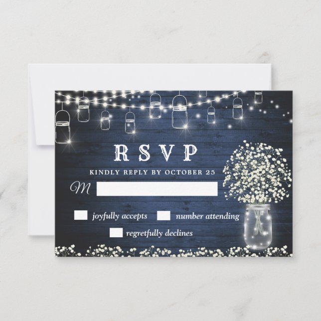 Gipskraut Mason Jar Blue Rustic RSVP Card (Vorderseite)