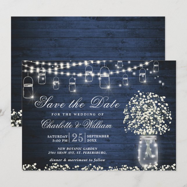 Gipskraut Mason Jar Rustic Blue Wood Wedding Einladung (Vorne/Hinten)