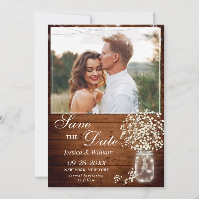 Gipskraut Mason Jar Rustic Foto Wedding Save The Date (Vorderseite)