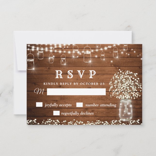 Gipskraut Mason Jar Rustic RSVP Card Karte (Vorderseite)