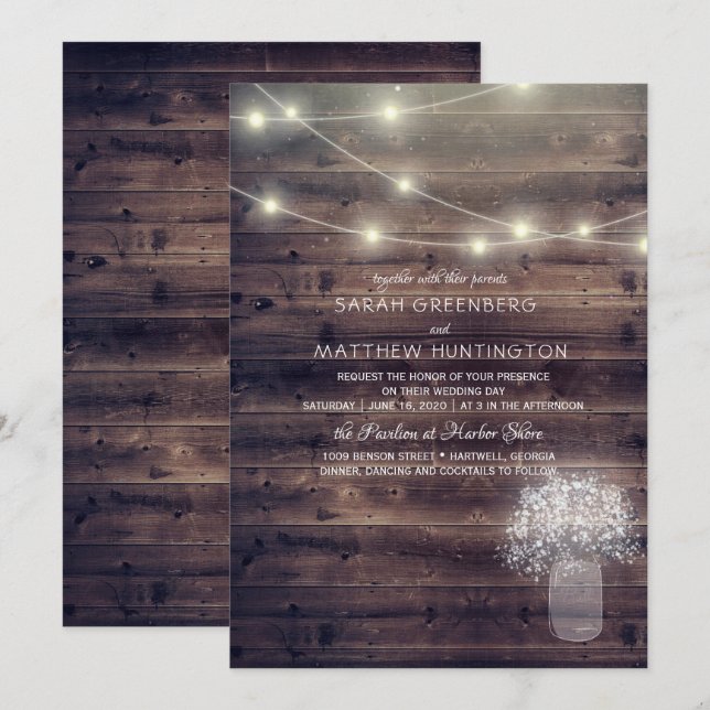 Gipskraut Mason Jar Rustic Wedding Einladung (Vorne/Hinten)