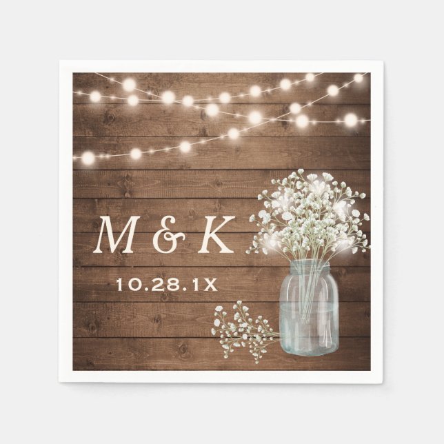 Gipskraut Mason Jar Rustic Wedding Monogram Serviette (Vorderseite)