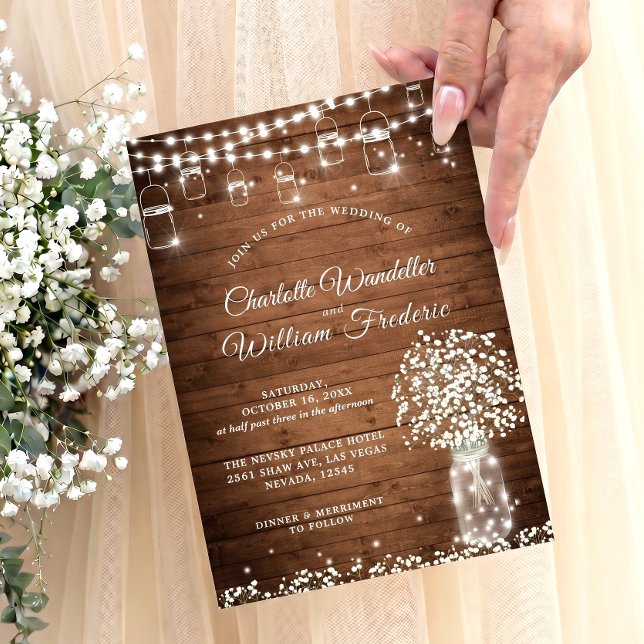 Gipskraut Mason Jar Rustic Wood Wedding Einladung (Von Creator hochgeladen)