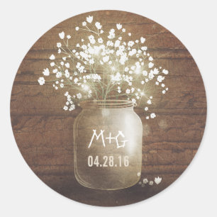 Gipskraut Mason Jar Rustic Wood Wedding Runder Aufkleber