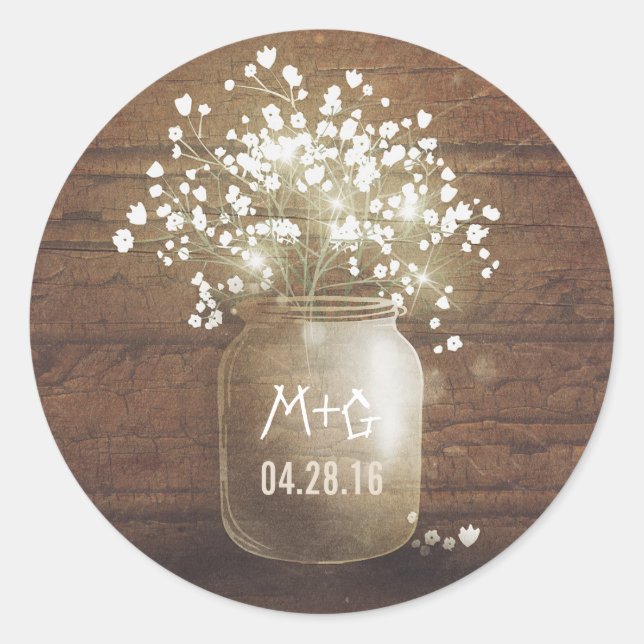 Gipskraut Mason Jar Rustic Wood Wedding Runder Aufkleber (Vorderseite)