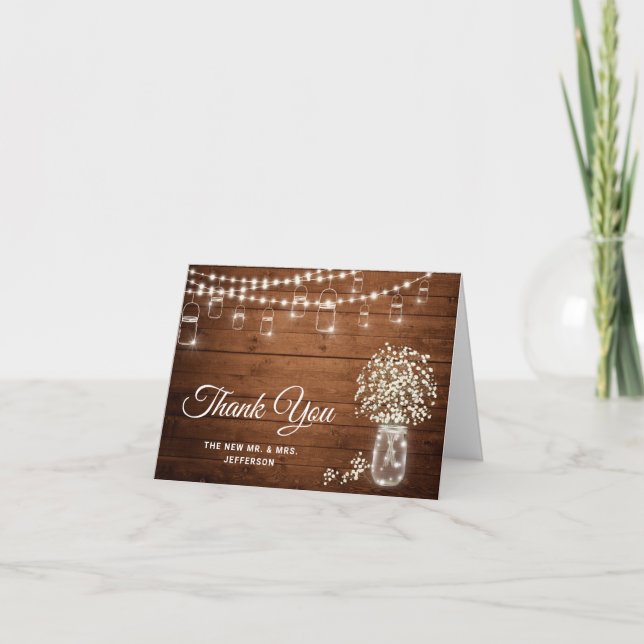 Gipskraut Mason Jar Rustikale Wasserfarben Dankeskarte (Vorderseite)