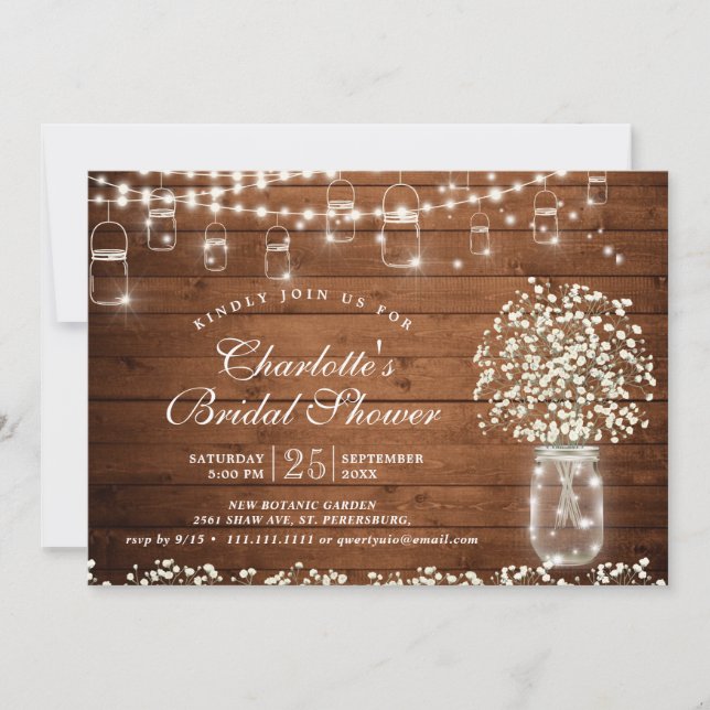 Gipskraut Mason Jar Rustikales Brautparty Einladung (Vorderseite)