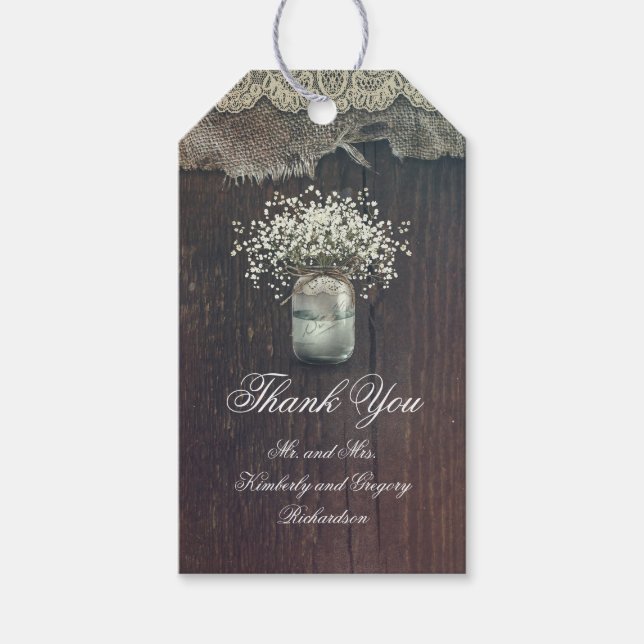 Gipskraut Mason Jar Rustikales Land Geschenkanhänger (Vorderseite)