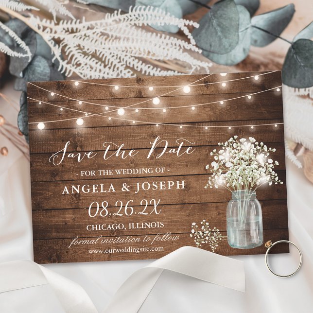 Gipskraut Mason Jar String Lights Hochzeit Save The Date (Von Creator hochgeladen)