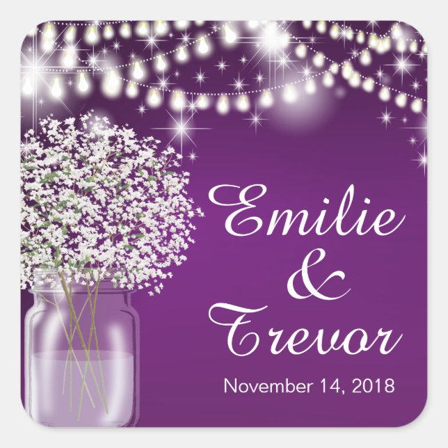 Gipskraut Mason Jar String Lights lila Quadratischer Aufkleber (Vorderseite)