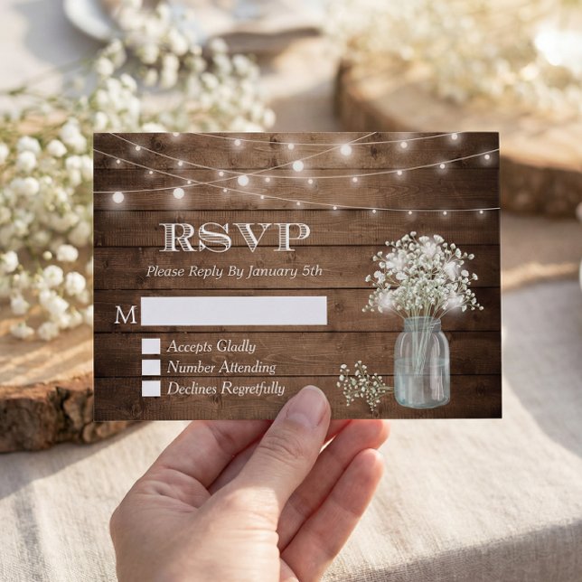 Gipskraut Mason Jar String Lights Wedding RSVP Karte (Von Creator hochgeladen)