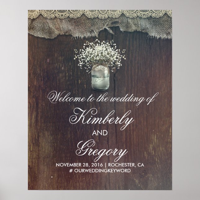 Gipskraut Mason Jar Wedding Begrüßungszeichen Poster (Vorne)