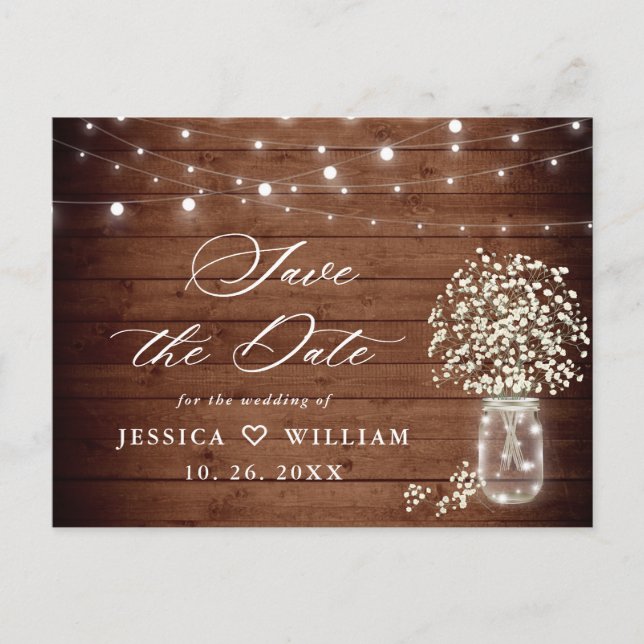 Gipskraut Mason Jar Wedding Save the Date Postkarte (Vorderseite)