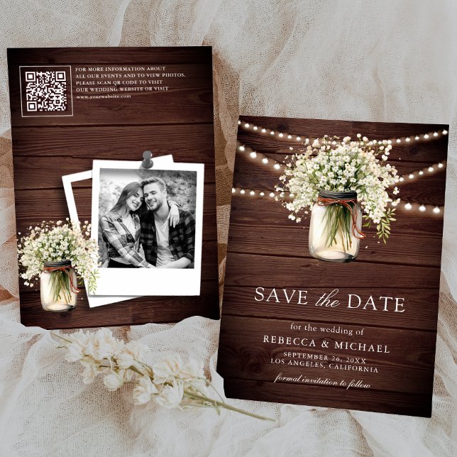 Gipskraut Mason Jar Wood QR Code Hochzeitsstift Fo Save The Date (Von Creator hochgeladen)