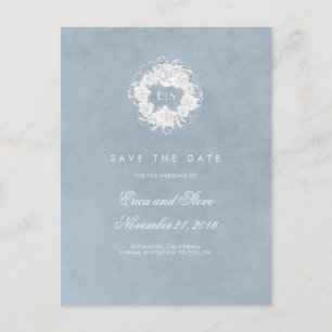 Gipskraut Monogram Dusty Blue Save the Date Ankündigungspostkarte