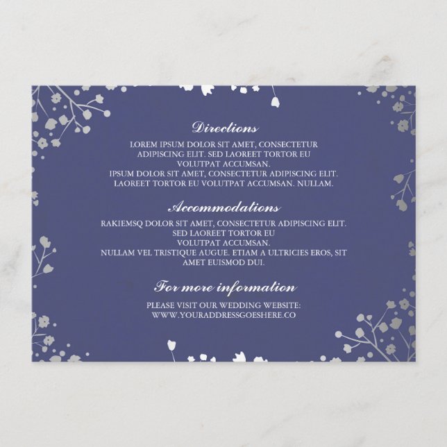 Gipskraut Navy Silver Wedding Details Begleitkarte (Vorderseite)