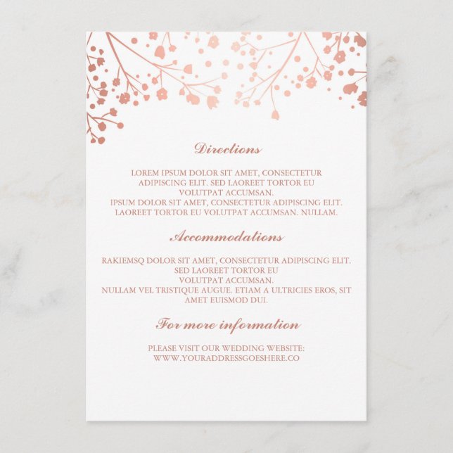 Gipskraut Rose Gold und White Wedding Details Begleitkarte (Vorderseite)