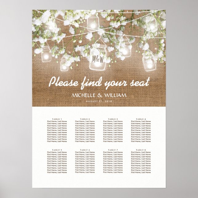 Gipskraut Rustic Burlap Hochzeitstabelle Poster (Vorne)