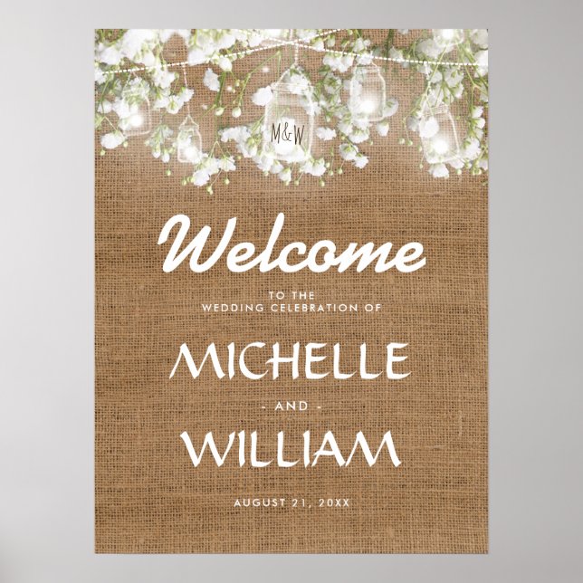 Gipskraut Rustic Burlap Wedding Willkommen Poster (Vorne)