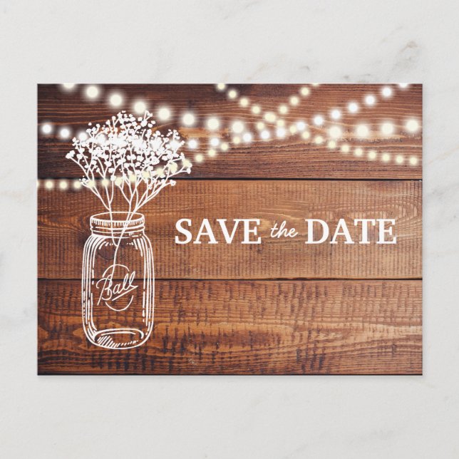 Gipskraut Rustic Mason Jar Save the Date Ankündigungspostkarte (Vorderseite)