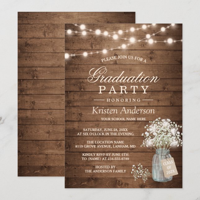 Gipskraut Rustic String Light Graduation Party Einladung (Vorne/Hinten)