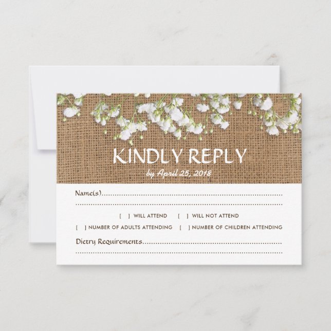 Gipskraut Rustic Wedding RSVP Menü Auswahl (Vorderseite)