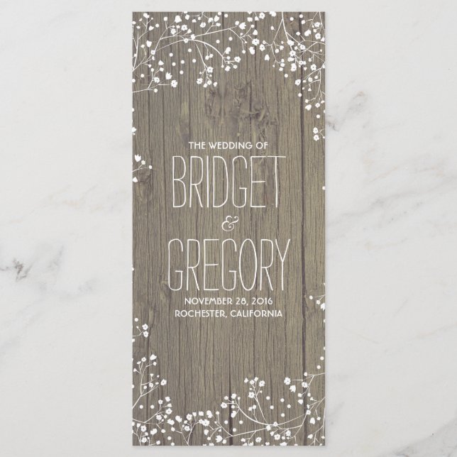 Gipskraut Rustic Wood Wedding Programme (Vorderseite)
