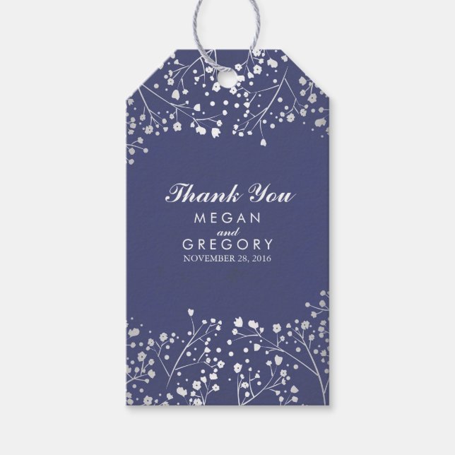 Gipskraut Silver and Navy Wedding Geschenkanhänger (Vorderseite)
