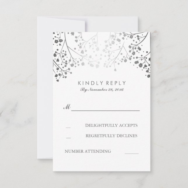 Gipskraut Silver Floral Wedding RSVP Cards Karte (Vorderseite)