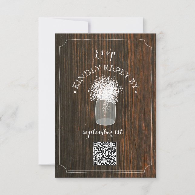 Gipskraut Stall Wood Mason Jar QR Code RSVP Karte (Vorderseite)