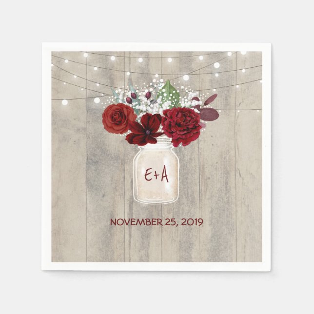 Gipskraut und Burgund Floral Mason Jar Rustikal Serviette (Vorderseite)