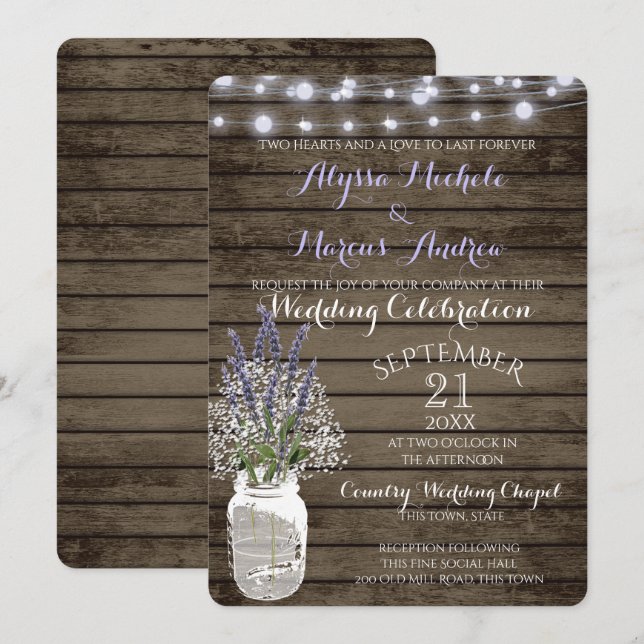 Gipskraut und Lavendel Rustikale Hochzeit Einladung (Vorne/Hinten)