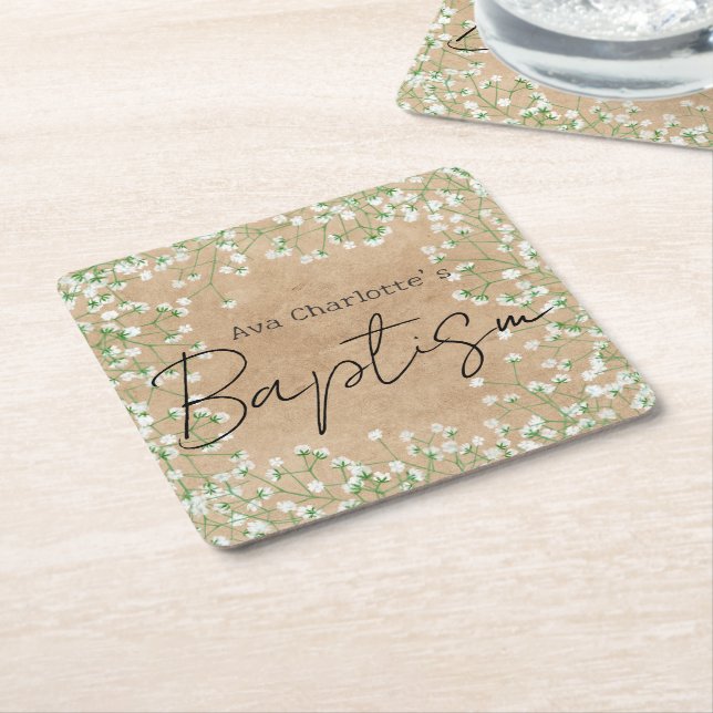 Gipskraut Watercolor Niedlich Floral Boho Taufe Rechteckiger Pappuntersetzer (angewinkelt)