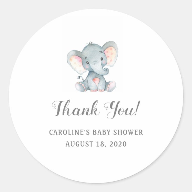Gir Baby Shower Stickers, Baby Elephant Danke Runder Aufkleber (Vorderseite)