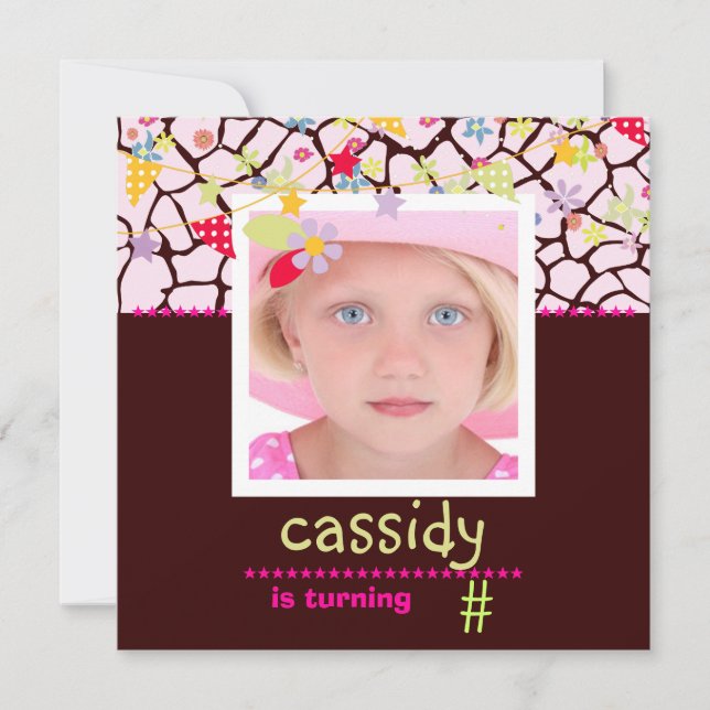 Giraff + Floral Foto / Personalisiertes Party Einl Einladung (Vorderseite)