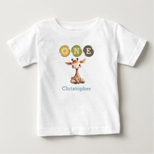 Giraffe 1. Geburtstag eins mit Namen blau Baby T-shirt