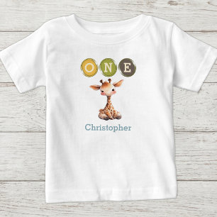 Giraffe 1. Geburtstag mit dem Namen blau Baby T-shirt