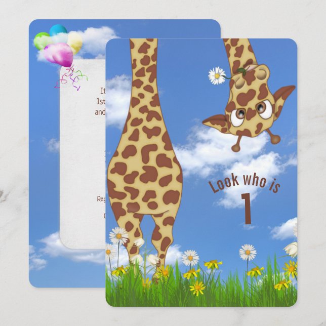 Giraffe 1. Geburtstags-Party Einladung (Vorne/Hinten)