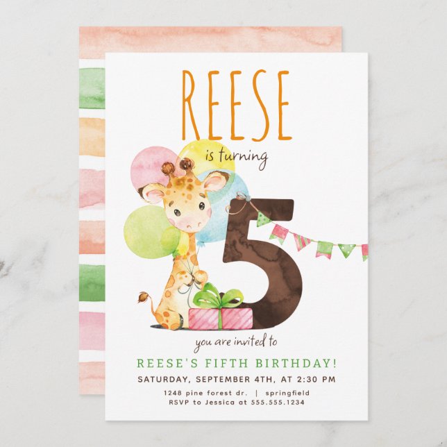 Giraffe 5. Geburtstagsparty Einladung (Vorne/Hinten)