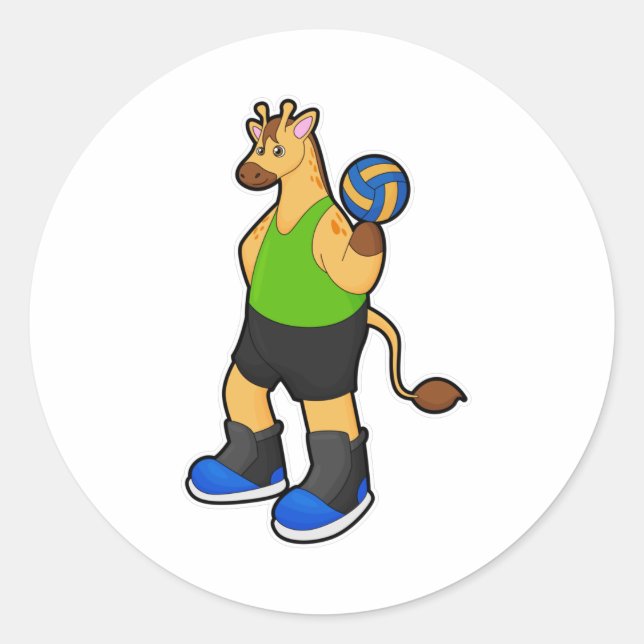 Giraffe als Volleyballspieler mit Volleyball Runder Aufkleber (Vorderseite)