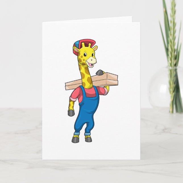 Giraffe als Zimmermann mit Holz Karte (Vorderseite)