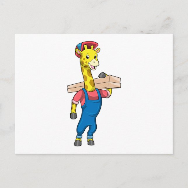 Giraffe als Zimmermann mit Holz Postkarte (Vorderseite)