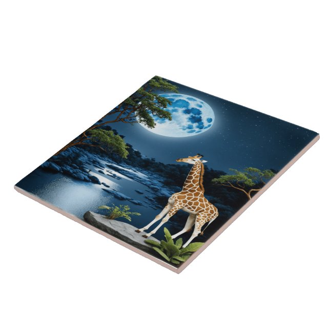 Giraffe am Fluss Moonlit unter Starlit Sky Fliese (Seite)