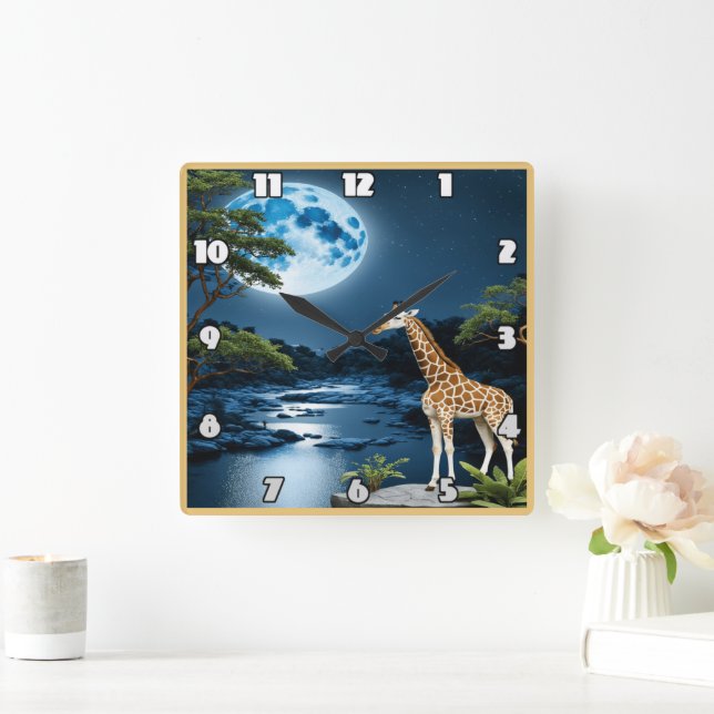 Giraffe am Fluss Moonlit unter Starlit Sky Quadratische Wanduhr (Zuhause)