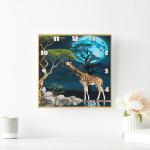 Giraffe am See Unter einer Mondnacht Quadratische Wanduhr