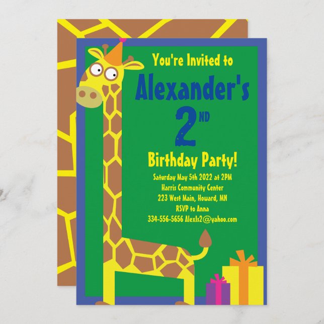 Giraffe Animal Kid's Birthday Party Einladungen (Vorne/Hinten)