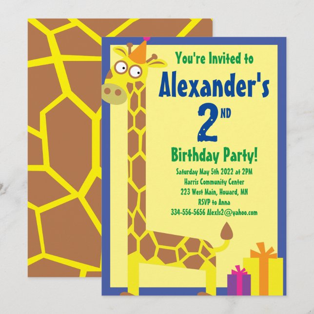 Giraffe Animal Kid's Birthday Party Einladungen (Vorne/Hinten)