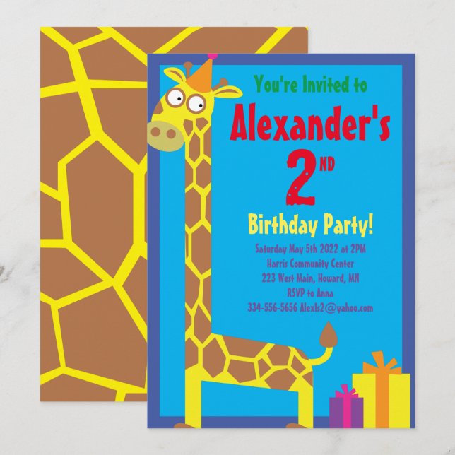 Giraffe Animal Kid's Birthday Party Einladungen (Vorne/Hinten)