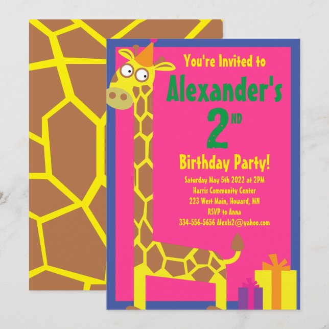 Giraffe Animal Kid's Birthday Party Einladungen (Vorne/Hinten)