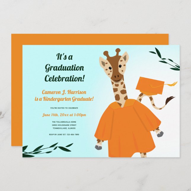 Giraffe Animal Orange Green Blue Kid Abschluss Einladung (Vorne/Hinten)